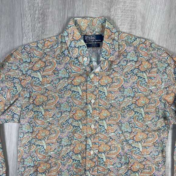 Vintage 90s Polo Ralph Lauren Floral Paisley Button Up Shirt Size Medium Blue X - Picture 4 of 8